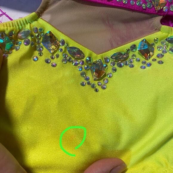 Glamour solo dance costume hot pink neon yellow Feather rhinestone bedazzled LC - Picture 12 of 15